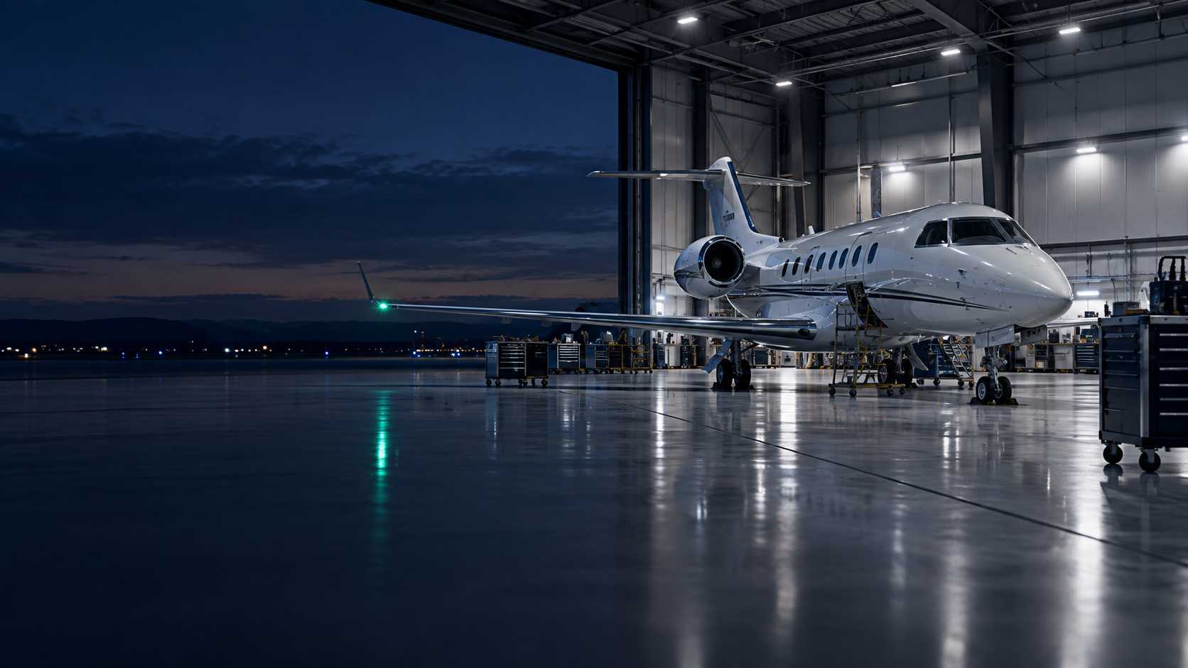 Business aircraft inside an organized maintenance hangar at night